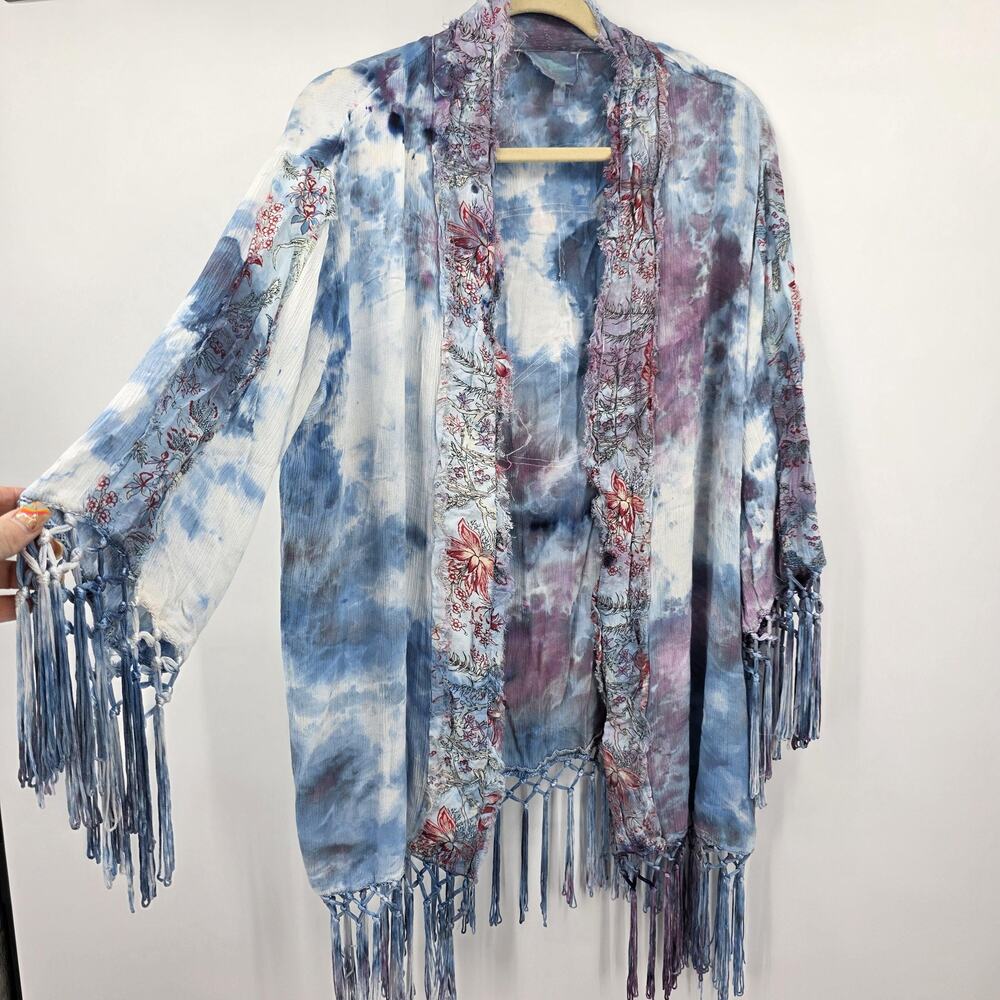Ice Dyed Fringe Kimono One Size Handmade Blue Purple Peace Sign Boho Festival